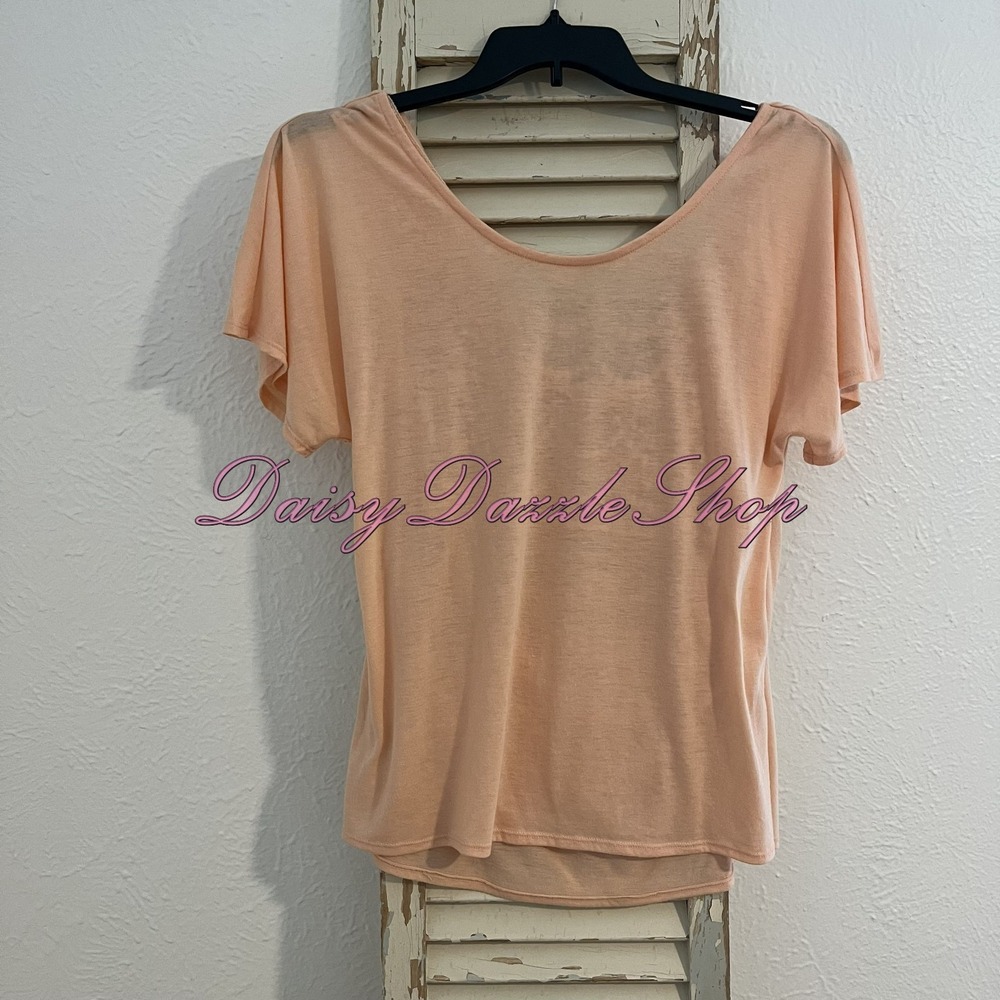 Women's Drape Cowl Neck Crochet Back Detail Top Sz M Short Sleeve Orange Peach - Picture 4 of 8